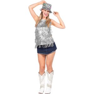 Wilbers & Wilbers - Glitter & Glamour Kostuum - Festival Franje Top Zilver Vrouw - Zilver - Large / XL - Carnavalskleding - Verkleedkleding