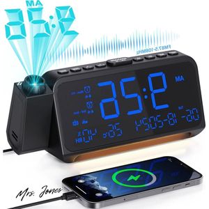 Mrs. Jones Radiowekker met projectie USB-aansluiting - dubbele wekker - DST-dimmer - digitale wekker voor nachtkastje - slaapkamer - temperatuur en datumweergave .