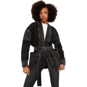 Trendyol Donkerblauw Oversized Denim Jack Met Kleurblokken En Riem Twoss21Ce0186