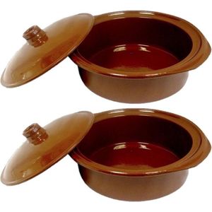 Set van 2x stuks tapas terracotta ovenschalen/stoofpotten cocotte met deksel 28 cm - Braadpannen van steen