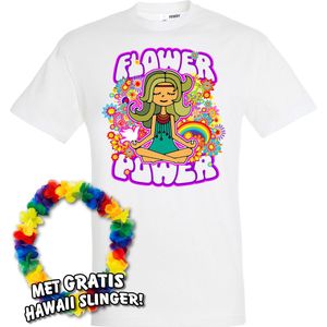 T-shirt Hippie Girl Meditation Flower Power | Toppers in Concert 2022 | Carnaval | Carnavalskleding dames heren | Wit | maat L