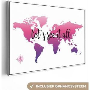Canvas Wereldkaart - 180x120 - Wanddecoratie Wereldkaart - Roze - Kompas
