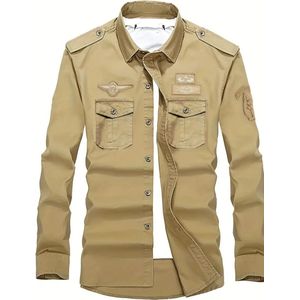 Herenshirt met Lange Mouwen in Vintage Stijl - Casual Militaire Stijl voor Buiten, Losse Pasvorm met Knoopdetail