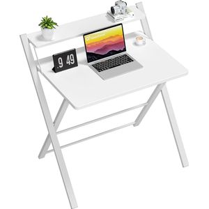 Bastix - Klaptafel, geen montage nodig, 69,5 x 45 x 82,5 cm, kleine computerbureau met 2-laags rek, laptop klaptafel voor kleine ruimtes, wit