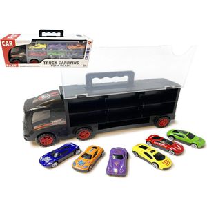 Vrachtwagen transporter truck - speelgoed mini auto's - 6-delig set koffer - Oplegger voor 12 auto's- 31cm