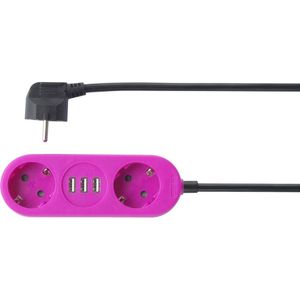 Stekkerdoos - Roze - 2-voudig - Met 3 x USB-A - Geaard