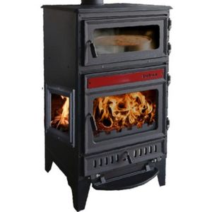 S107/3D Sabah Open Haard Met Oven – Zwart/rood – Drie-Raams Haard – Houtkachels – Gietijzer Haardkachel – 15,87 KW – Inclusief, Bakplaat, Ovengrill, Haak ,Schraper en Kachelpijpen