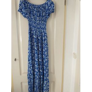 Lange dames jurk Siri gebloemd motief konings blauw royal blue wit Maat S/M strandjurk