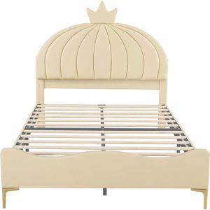 Merax Kinderbed 140x200 cm - Kunstleer Gestoffeerd Tweepersoonsbed - Bed met Kroon Hoofdbord - Beige