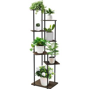 Plantenstandaard 7 Niveaus - 150 Cm Metalen Plantenrek Van Hout - Kamerplantenhouder Voor Meerdere Planten - Bloempothouder Voor Balkon - Tuin - Woonkamer - Kantoor - Zwart
