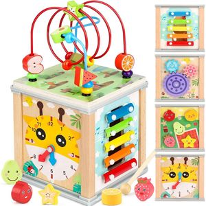 Montessori 8-in-1 houten activiteitenkubus met stapelbaar dienblad en sortering woordkaarten educatief speelgoed voor peuters vanaf 12 maanden