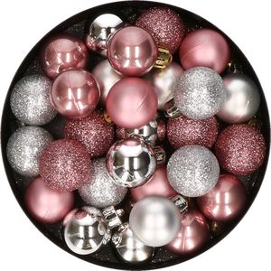 28x stuks kunststof kerstballen zilver en oudroze mix 3 cm - Kerstboomversiering
