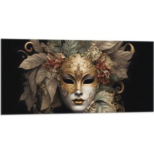 Vlag - Venetiaanse carnavals Masker met Gouden en Beige Details tegen Zwarte Achtergrond - 100x50 cm Foto op Polyester Vlag