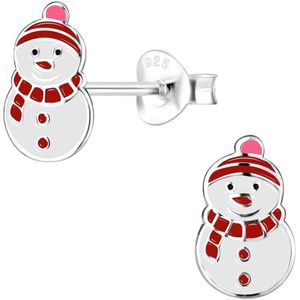 Oorbellen meisje | Zilveren kinderoorbellen | Zilveren oorstekers, sneeuwpop met rode muts en sjaal