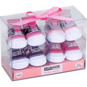 BRUBAKER 4 Paar Babysokken voor Meisjes 0-12 Maanden - Babyshower - Cadeau - Baby Geschenkset voor Pasgeborenen in Geschenkverpakking met Strik - Leuke Sneaker Roze