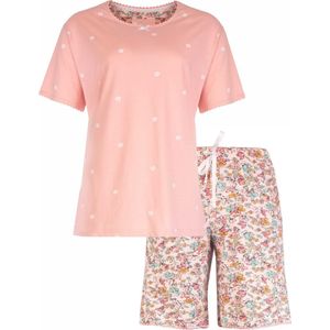 Tenderness - Dames Shortama Pyjama Set - Bloemenprint - 100% Katoen - Licht Roze - Maat L