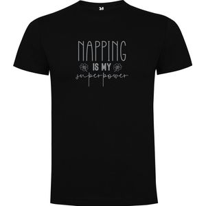 Zwart T-Shirt met “Napping is my SuperPower“ Afbeelding Zilver Maat S
