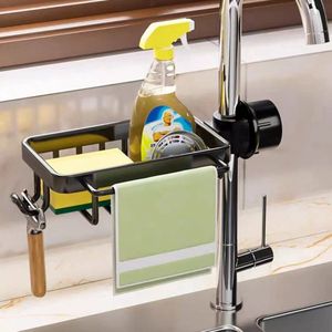JGS ® Multifunctionele Gootsteen Organisator met Verstelbare Sponshouder en Zeeprek, Zonder Boren, Zwart