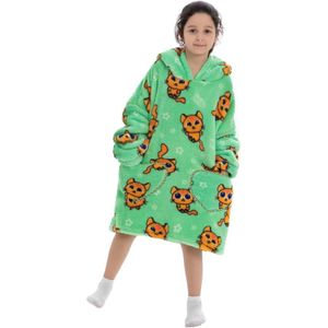 Katjes fleece hoodie deken met mouwen kind – fleece poncho kind – Draagbare deken - plaid met mouwen - maat 128/152 – lengte 75 cm - chillen – Warm & zacht – relax outfit kids – groen - Badrock