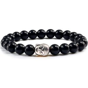 Armband – kralenarmband – kralen dikte 6 mm – handgemaakt – met zilveren Buddha bedel – Boho Style – 20 cm – Feel Good Store – Zwart | Zilver