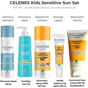 Celenes by Sweden - Herbal & Thermal - Kids Sensitive Sun Set SPF 50+ - Kinderen & Gevoelige Huid - Zonne- en Gezichtsverzorgingsset - 5-delig