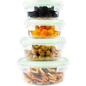 Glazen Vershoudbakjes, Ronde Glazen Meal Prep Food Container Met Deksel - Ruimtebesparende Glazen Voedselopslag Container Voor Magnetron En Vriezer Meal Prep Containers (Set 4, Groente)