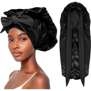 Satijnen bonnet voor vlecht slaapmuts zijdehaar met stropdas en knoop opvouwbare slaapbonnets voor vrouwen met lang haar