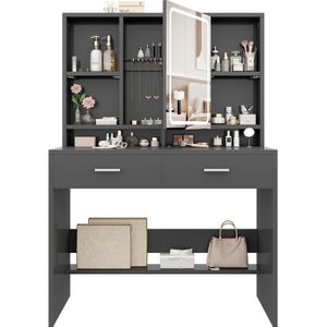 Imperatoris Make-up Tafel met Spiegel en LED Verlichting – Verstelbare Helderheid, 3 Lichtkleuren, 2 Lades en Open Opbergruimtes – Moderne Make-up Bureau voor Slaapkamer (Zwart)