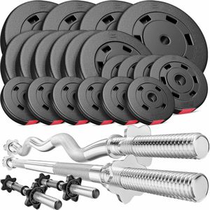 Hop-Sport Halterset 105 kg Lange Halterstang, Super Curl of Curl Stang, 2x Korte Halters, Gewichten 4x10kg / 6x5kg / 4x2,5kg / 6x1,25kg (105kg - Lang Halter, SZ-stang & korte halters)