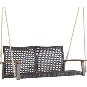 COSTWAY 2-Zits Buiten Schommelbank, PE Rotan Opknoping Schommelstoel met 2 Opknoping Touwen, Gebogen Rugleuning & Acaciahout Armleuningen, 360 kg Gewichtscapaciteit, Veranda Schommel voor Dek, Patio, Tuin, Balkon