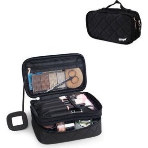 iBright Make-up tasje met spiegel - 2 lagen - Met handige vakjes - Cosmetica organizer - Toilettas Maat M - Zwart