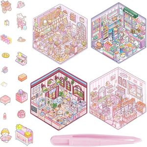 Creatieve 3D-huisstickerset met 4 scènes en pincet esthetische stickers voor fotoalbum laptop en scrapbook herbruikbaar doe-het-zelf cadeau-idee