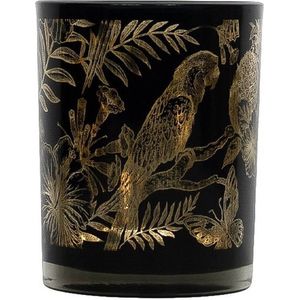 Theelichthouder/waxinelichthouder glas zwart 8 cm papegaai print - Windlichtjes/kaarsenhouders