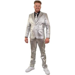 PartyXplosion - Glitter & Glamour Kostuum - Zilver Metallic Space Man 3-Delig Kostuum - Zilver - Maat 46 - Carnavalskleding - Verkleedkleding