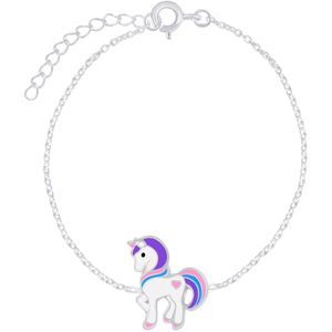 Joy|S - Zilveren eenhoorn armband - pony armband - 14 cm + 3 cm - unicorn 10 x 12 mm - met roze hartje - voor kinderen