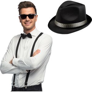 Toppers - Carnaval verkleedset Funky - hoed/bretels/bril/strikje - zwart - heren/dames - verkleedkleding - verkleedkleding accessoires