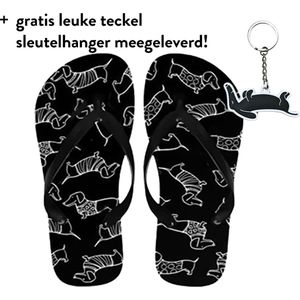 Teckel - flip flops - flip flop teckel - teenslipper - teenslippers - hond - teckelprint - slippers - badslippers - maat 40/41 - zwart - teckel slippers