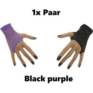 Paar nethandschoenen vingerloos Black Purple - Festival thema feest disco neon zwart en paars verjaardag verkleed feest