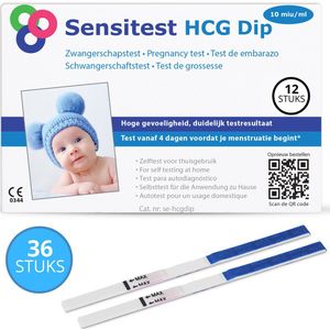 Sensitest Zwangerschapstest Dipstick – 36 stuks – 10 mIU/ml – Test vanaf 6 dagen vóór menstruatie – Uitslag in 5 minuten – Inclusief handleiding & zwangerschapskalender