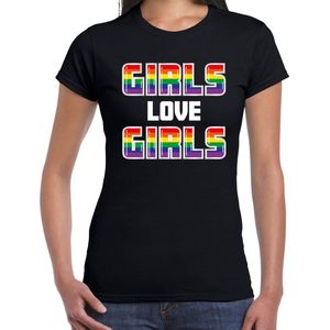 Bellatio Decorations Gay Pride shirt - girls love girls - regenboog - dames - zwart XL