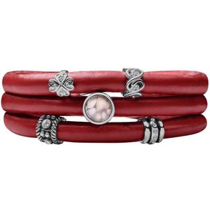 Quiges - Leren Wikkelarmband Rood 60cm met Aanschuif Bedels Zilverkleurig - RVS Magneetsluiting - ELBS113