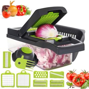 Groentesnijder Groenteschaaf roestvrij staal 12-in-1 groentesnijder fruitsnijder- aardappelsnijder- groenteschaaf met mesinzetstukken- handschoen voor dobbelstenen- ruiten raspen- schaven raspen Groentesnijder