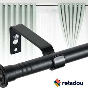 Retadou - Gordijnroede, 16 mm, uittrekbaar, mat zwart, 76-332 cm, gordijnroede, 1-voudig, wandmontage met houders en eindstukken voor verduisteringsgordijnen, outdoorgordijnen