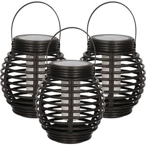 3x Zwarte ronde solar lantaarn met vlam effect 15 cm - Tuinverlichting - Tuinlampen - Solarlampen op zonne-energie 3 stuks