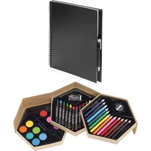 Complete teken/schilder doos 39-delig met een A4 zwart schetsboek van 80 vellen