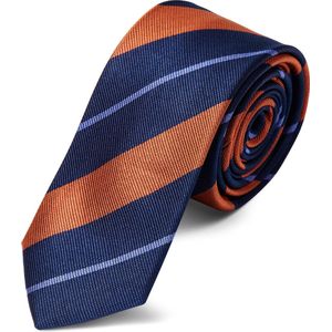 Trendhim Marineblauwe zijden stropdas met oranje en pastelblauwe strepen voor heren - 6 cm