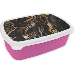 Broodtrommel Roze - Lunchbox - Brooddoos - Marmer - Zilver - Goud - Abstract - 18x12x6 cm - Kinderen - Meisje