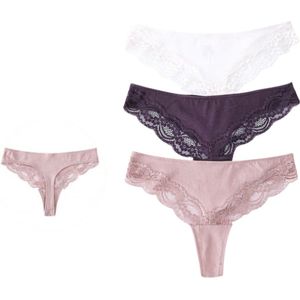 3 stuks Dames strings met kant - Oudroze - Maat L