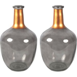 Countryfield Bloemenvaas Firm Big Bottle - 2x - transparant grijs/koper - glas - D18 x H30 cm
