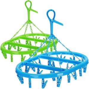 2x hangende droger met elk 20 clips - mini droogmolen om op te hangen - wasdroger voor sokken [keuze varieert] (groen Blauw)